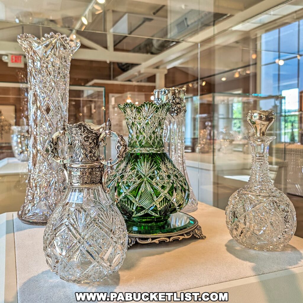 Display of intricately cut glass decanters and vases, including a green crystal pitcher with silver accents, at the Dorflinger Factory Museum in Wayne County, PA.