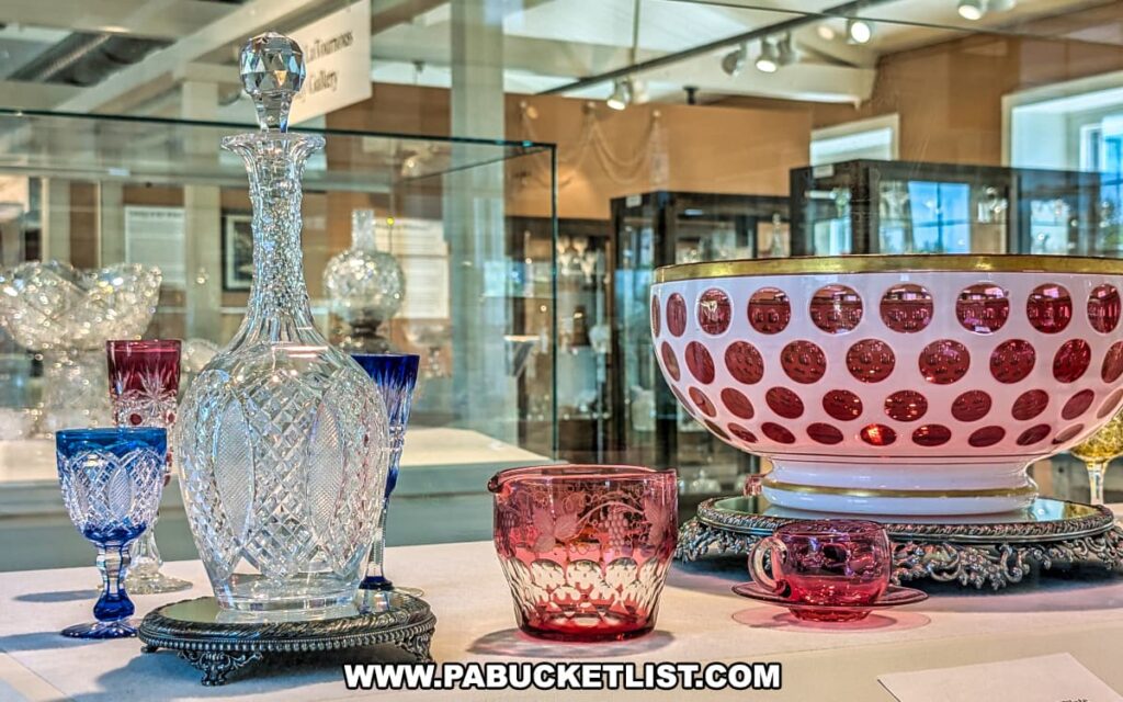 Display at the Dorflinger Factory Museum in Wayne County, PA, featuring a cut glass decanter, colorful goblets, and an ornate ruby-stained punch bowl.