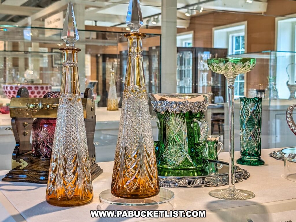 Display case at the Dorflinger Factory Museum in Wayne County, PA, featuring amber cut glass decanters, ornate green glassware, and tall stemmed goblets.
