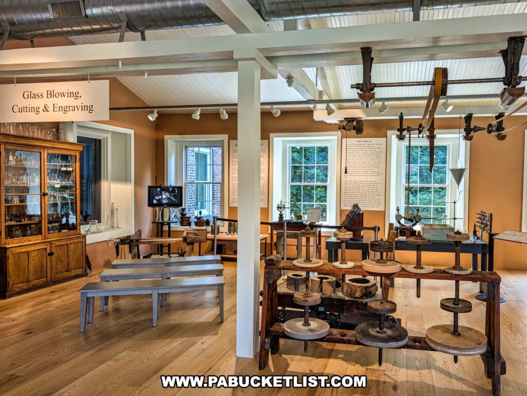 Glass Blowing, Cutting, and Engraving exhibit at the Dorflinger Factory Museum in Wayne County, PA, featuring historic glassmaking tools, machinery, and display cases.