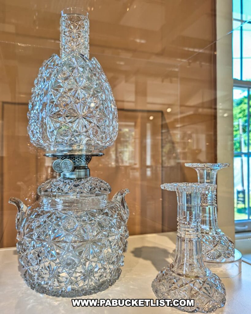Cut glass oil lamp and matching candlesticks on display at the Dorflinger Factory Museum in Wayne County, PA, showcasing intricate American Brilliant Period craftsmanship.