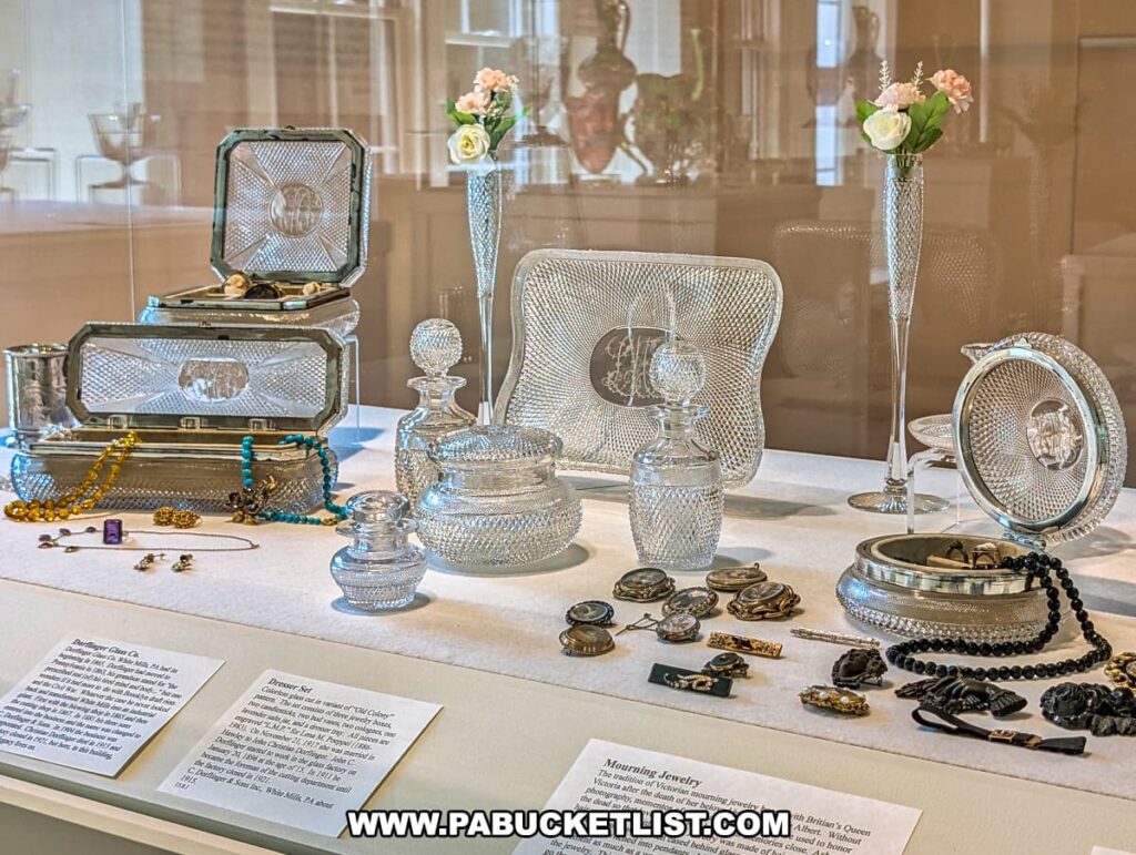Display case at the Dorflinger Factory Museum in Wayne County, PA, featuring intricately cut glass dresser sets, vases, and decorative items alongside vintage jewelry.
