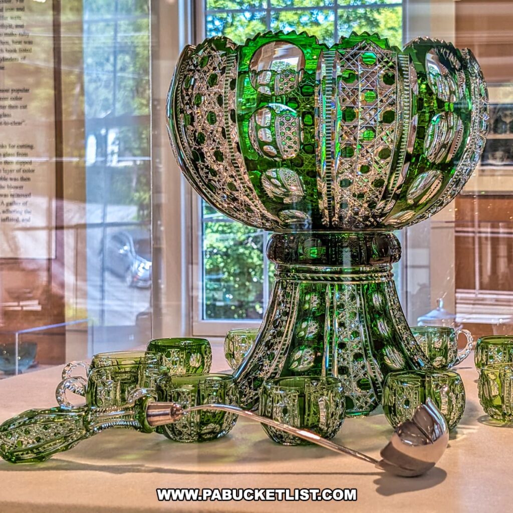 Intricately cut green glass punch bowl with matching cups and ladle on display at the Dorflinger Factory Museum in Wayne County, PA.