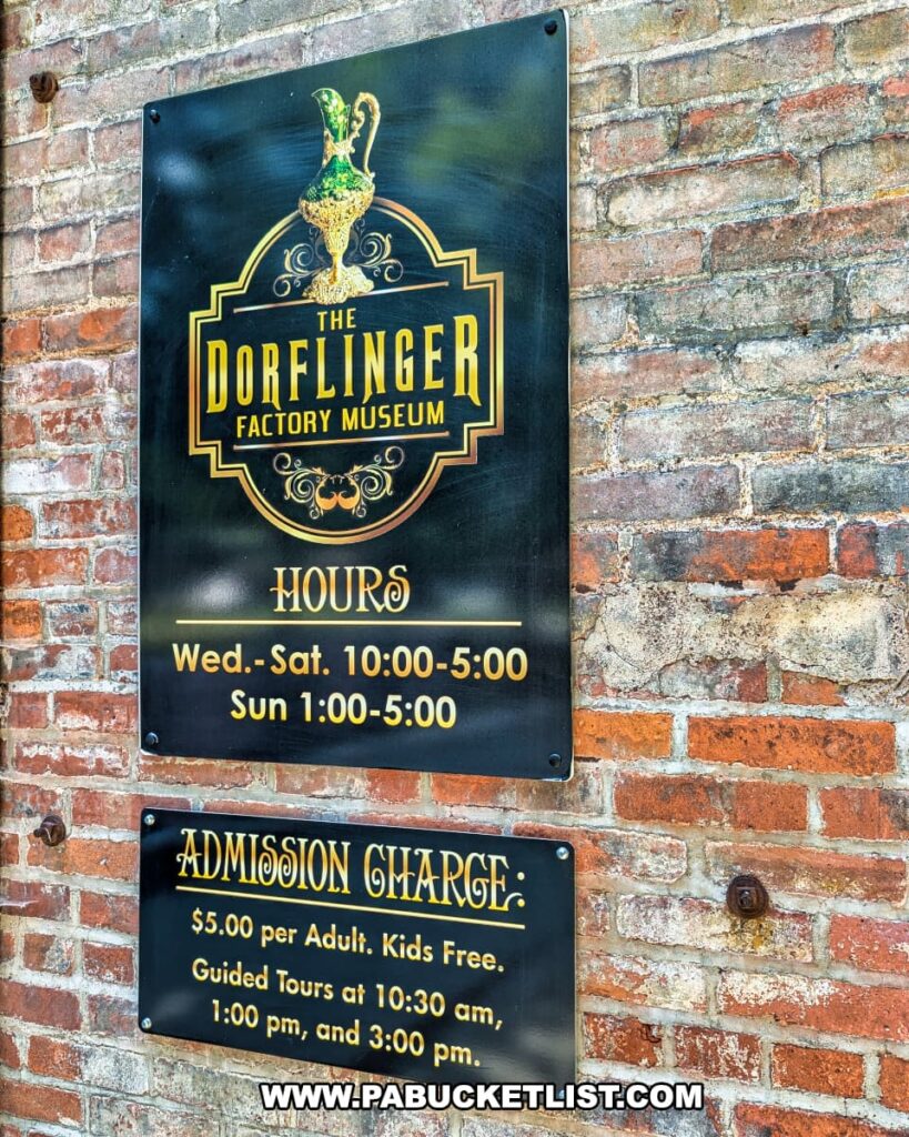 Sign on a brick wall at the Dorflinger Factory Museum in Wayne County, PA, displaying museum hours, admission fees, and guided tour times.