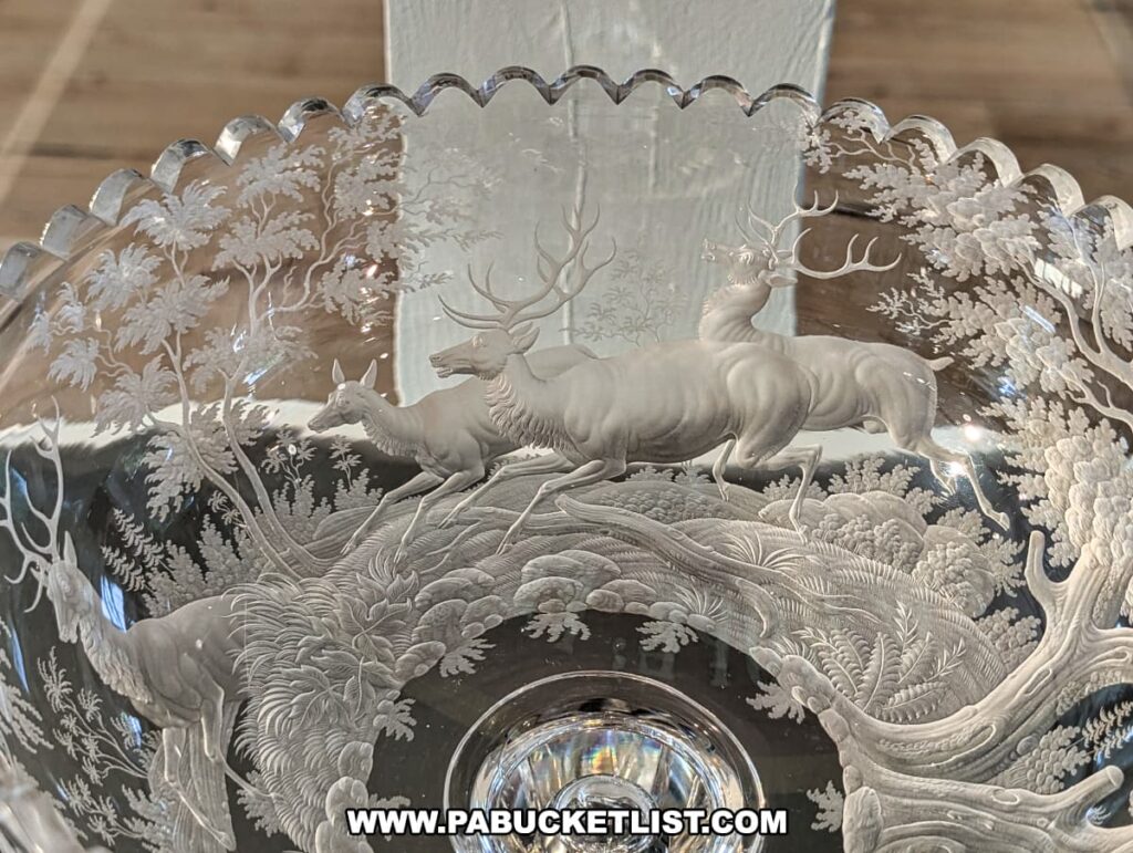 Close-up of an intricately etched glass bowl at the Dorflinger Factory Museum in Wayne County, PA, depicting detailed woodland scenery with deer.
