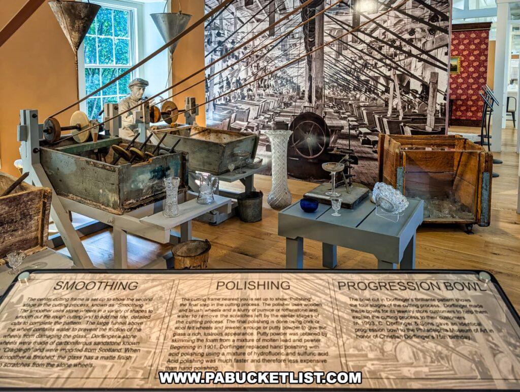 Exhibit at the Dorflinger Factory Museum in Wayne County, PA, showcasing historic glass smoothing and polishing equipment, glassware examples, and a large vintage photograph of the factory’s cutting shop in operation.