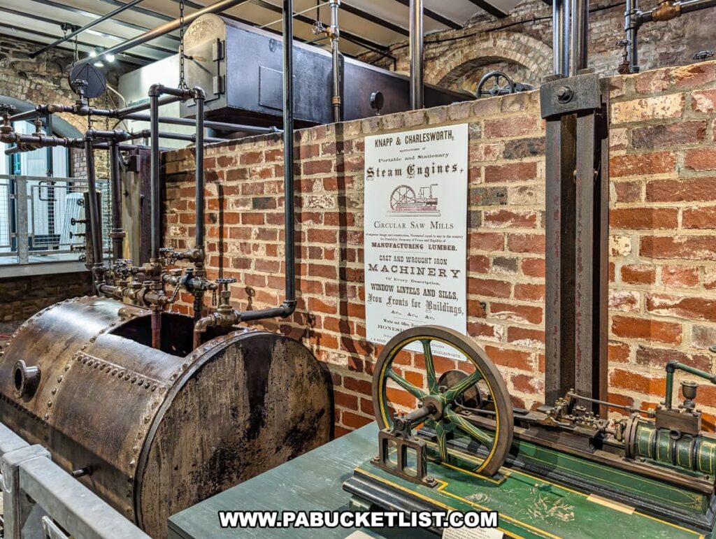 Steam engine display in the basement of the Dorflinger Factory Museum in Wayne County, PA, showing machinery once used to power glass cutting and polishing equipment.