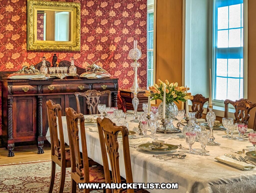 Elegant dining room display at the Dorflinger Factory Museum in Wayne County, PA, featuring a table set with fine china and Dorflinger cut glassware.