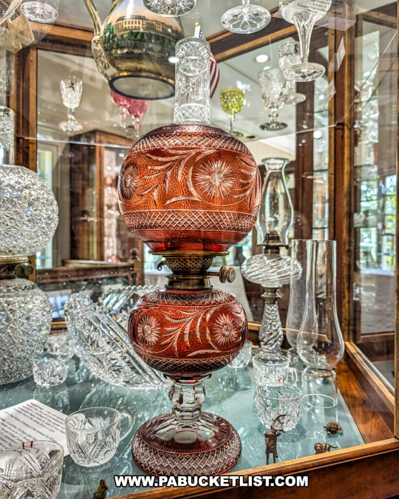 Intricately cut red and clear glass oil lamp on display among crystal goblets, bowls, and glassware at the Dorflinger Glass Museum in Wayne County, PA