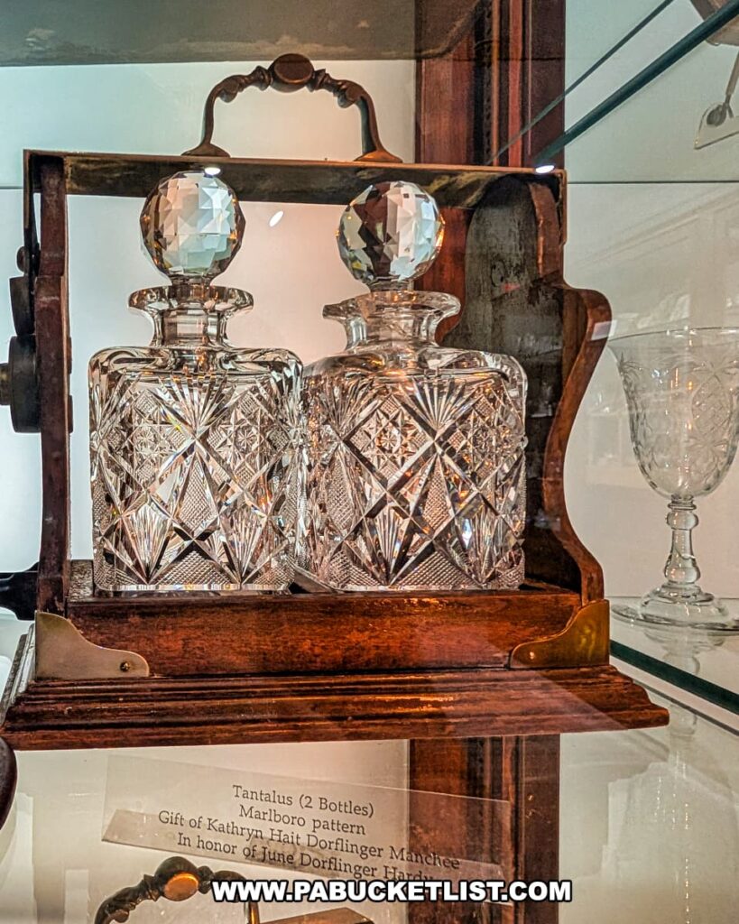 Pair of intricately cut crystal decanters with faceted stoppers in a wooden tantalus case on display at the Dorflinger Glass Museum in Wayne County, PA