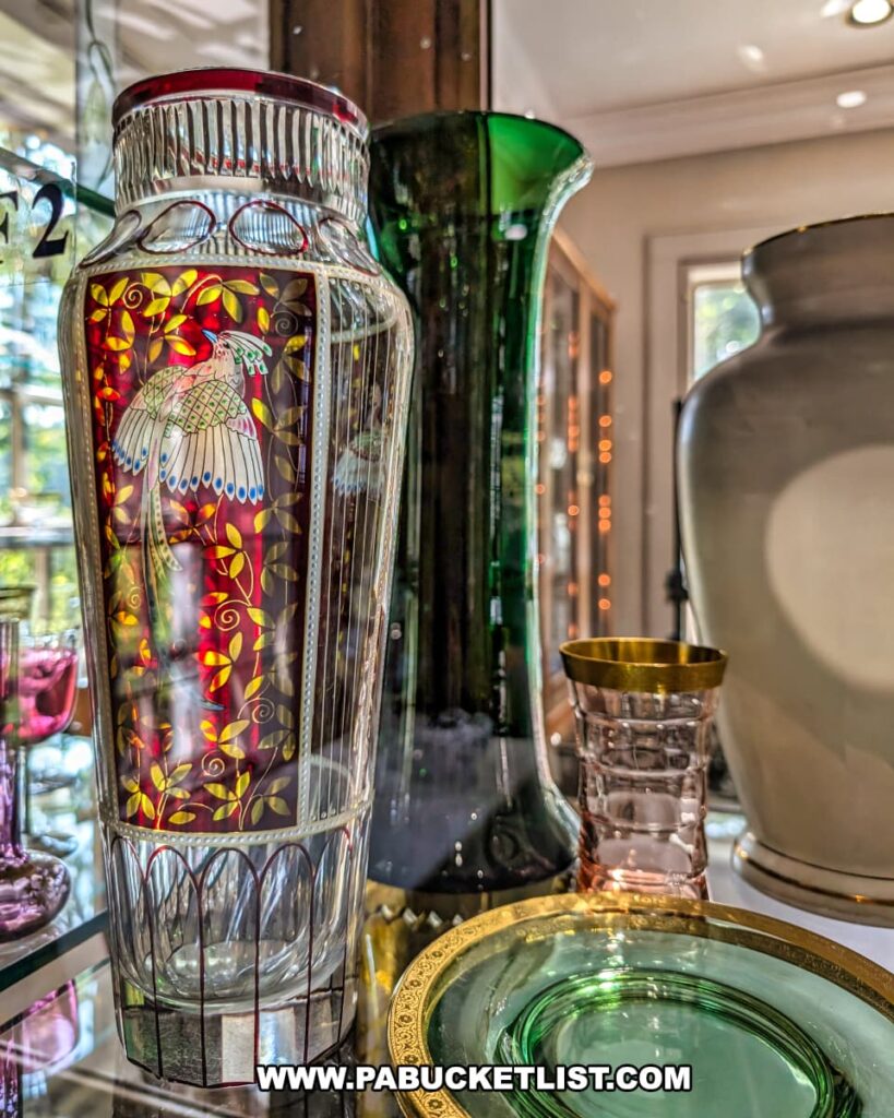 Tall decorative vase with an enameled bird and floral design alongside green, pink, and clear glass pieces on display at the Dorflinger Glass Museum in Wayne County, PA