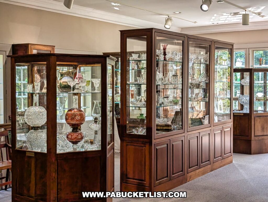 Elegant wooden display cabinets filled with cut, engraved, and enameled Dorflinger glassware inside the Dorflinger Glass Museum in Wayne County, PA