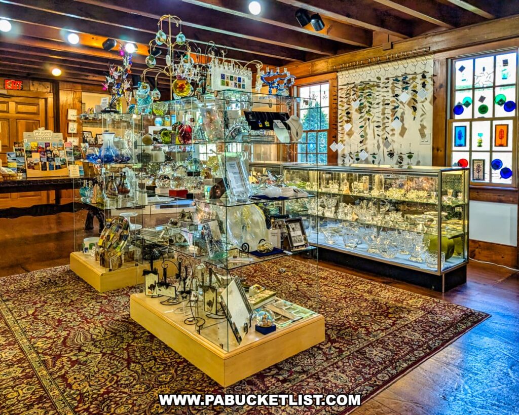 Colorful glass art, ornaments, jewelry, and crystal pieces displayed in the gift shop at the Dorflinger Glass Museum in Wayne County, PA