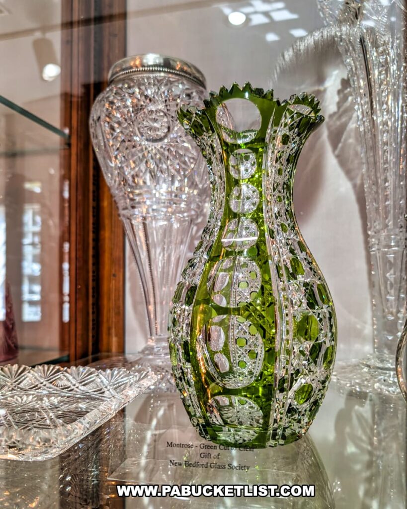 Green cut-to-clear crystal vase with intricate patterns displayed alongside other ornate glass pieces at the Dorflinger Glass Museum in Wayne County, PA