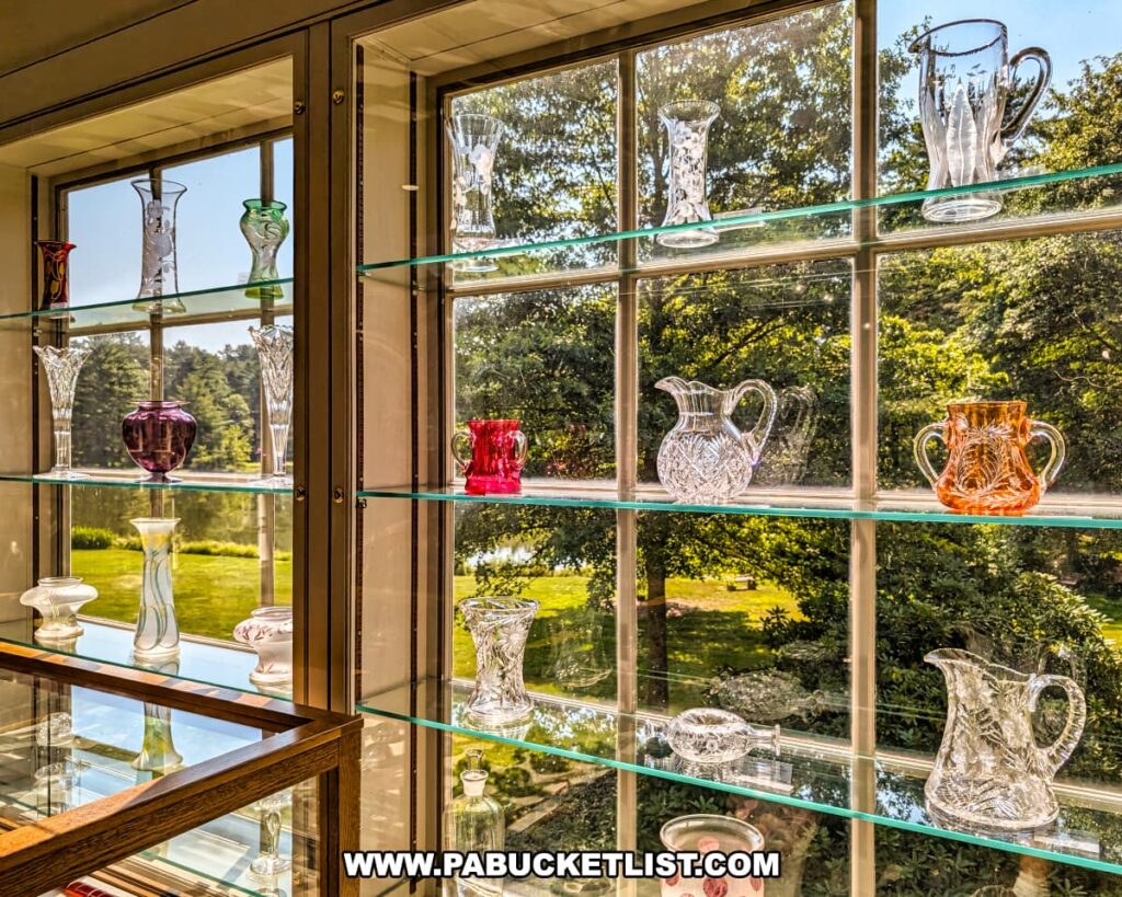 Colorful and clear crystal pitchers and vases displayed on glass shelves in front of sunlit windows at the Dorflinger Glass Museum in Wayne County, PA