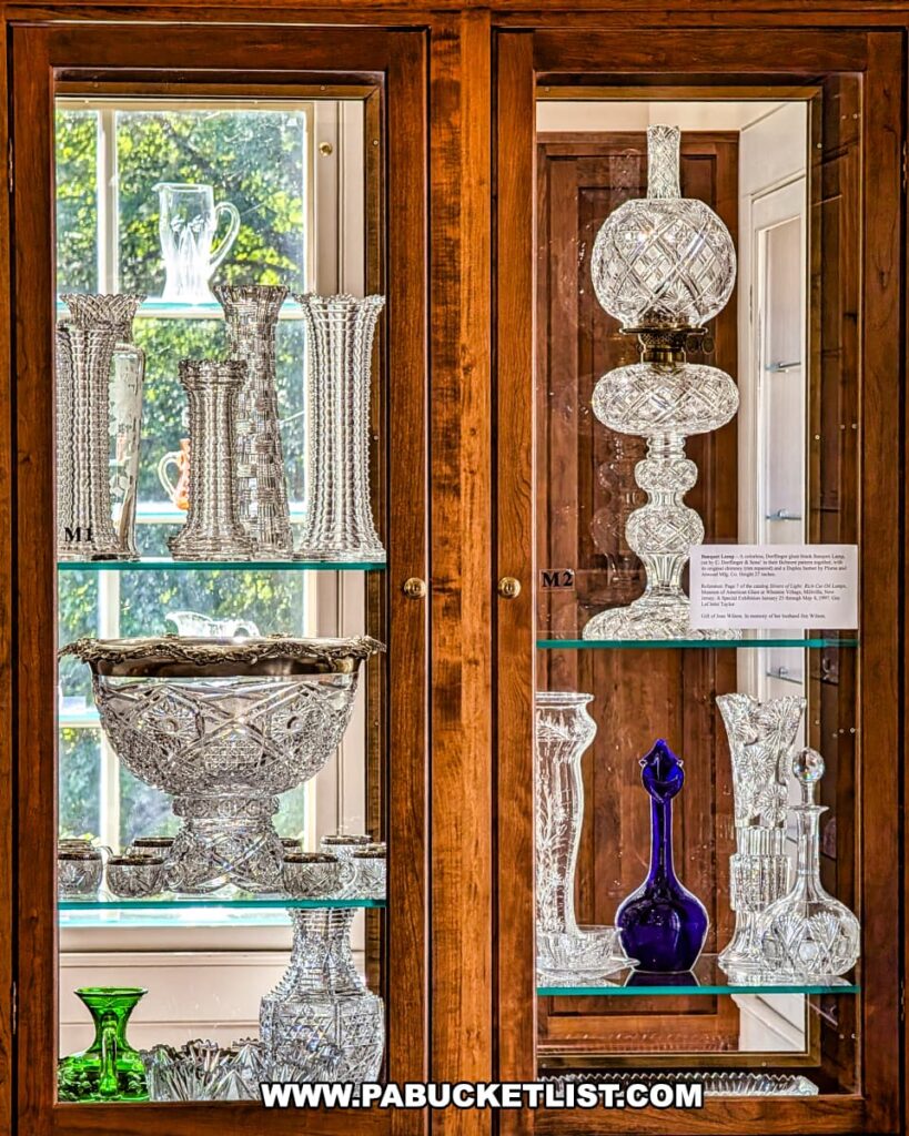 Glass display case filled with ornate crystal vases, a large punch bowl, a cut-glass banquet lamp, and colorful accent pieces at the Dorflinger Glass Museum in Wayne County, PA