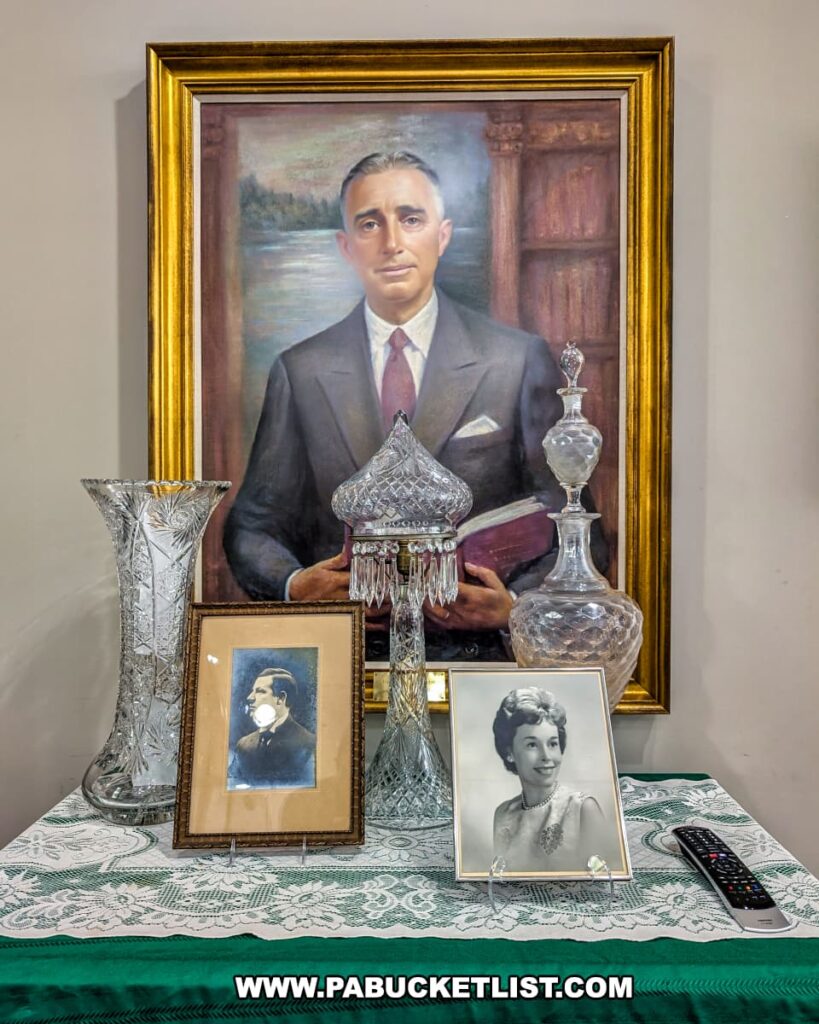Portrait of Christian Dorflinger surrounded by vintage photographs, cut-glass vases, and decanters on display at the Dorflinger Glass Museum in Wayne County, PA