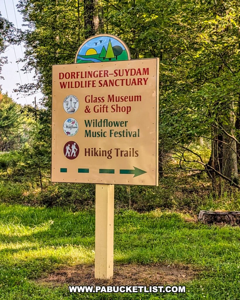 Entrance sign for the Dorflinger-Suydam Wildlife Sanctuary in Wayne County, PA, directing visitors to the Glass Museum, gift shop, music festival, and hiking trails