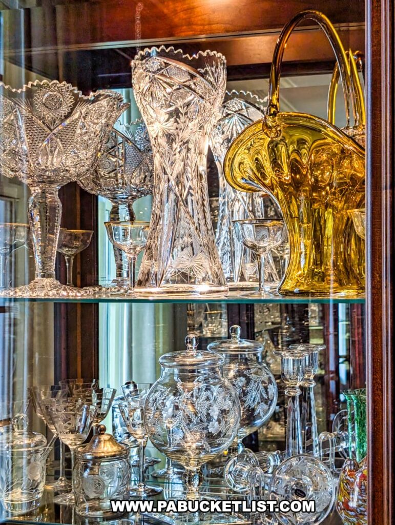 Display of ornate cut crystal vases, etched glass jars, and a golden glass basket at the Dorflinger Glass Museum in Wayne County, PA