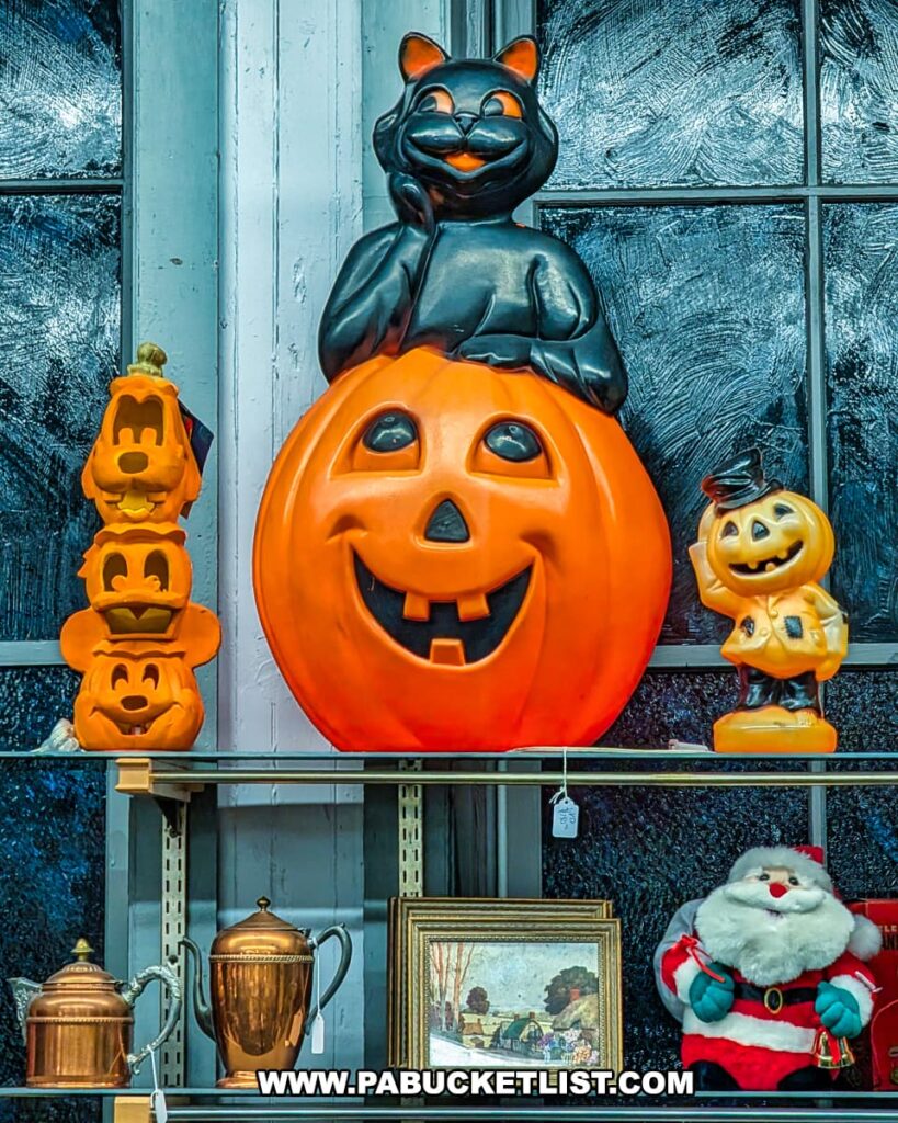 A vibrant display of vintage Halloween decorations on a shelf at Duchess Outlet Antiques in Luzerne County, PA, featuring a large black cat sitting atop a grinning orange pumpkin blow mold, flanked by stacked pumpkin figures on the left and a smaller pumpkin character on the right, with various antiques and collectibles visible on the shelf below.