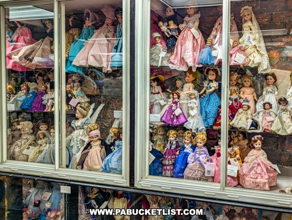 A close-up of a large collection of antique and vintage dolls of various sizes and styles, dressed in elaborate clothing, displayed behind glass in multiple tiered cases within an antique store.