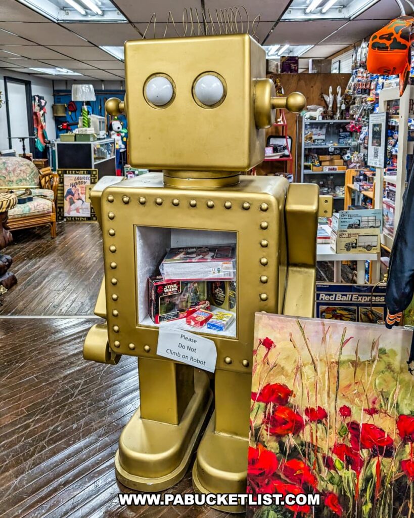 A large golden robot display stands prominently in an antique mall, surrounded by various vintage items and collectibles. The robot's chest cavity holds shelves displaying merchandise, and a sign warns against climbing. In the background, aisles are filled with furniture, artwork including a poppy field painting, and other unique finds characteristic of a multi-vendor antique store like Duchess Outlet Antiques in Luzerne County, PA.