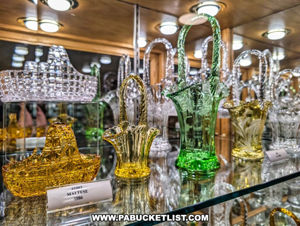 Display of Maltese pattern glassware from 1886 at the Duncan and Miller Glass Museum in Washington, PA, featuring intricately designed yellow, green, and clear glass baskets and vases with ornate detailing and elegant craftsmanship.