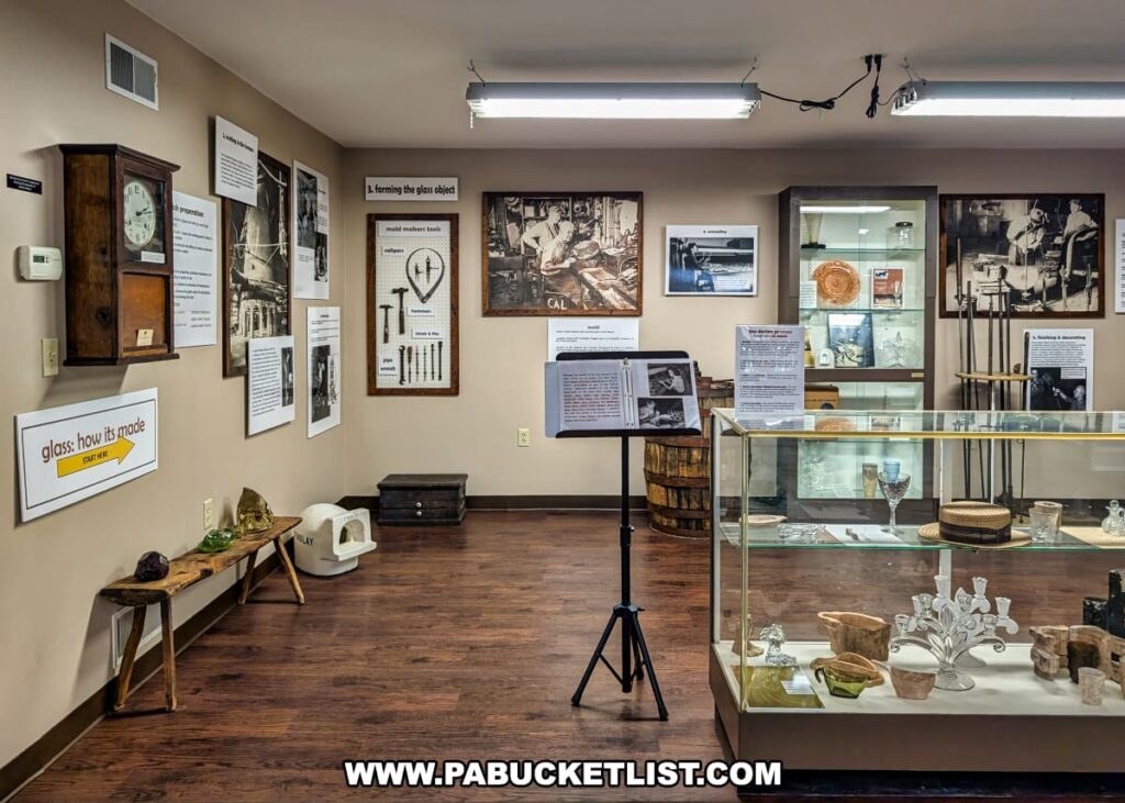 Exhibit at the Duncan and Miller Glass Museum in Washington, PA featuring historic photos, glassmaking tools, interpretive panels, and display cases filled with intricate glassware that illustrate the artistry and craftsmanship of the former glass company.