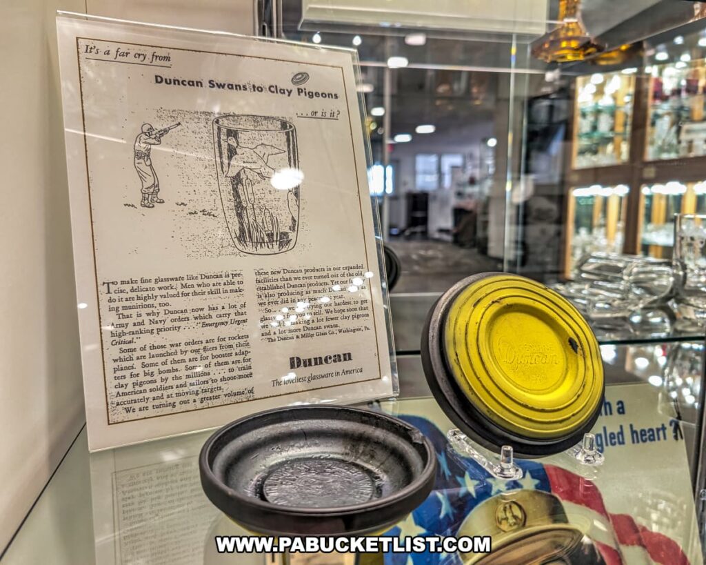 Display at the Duncan and Miller Glass Museum in Washington, PA featuring World War II-era clay pigeons produced by the glass company alongside a vintage advertisement highlighting the shift from elegant glassware to wartime manufacturing needs.