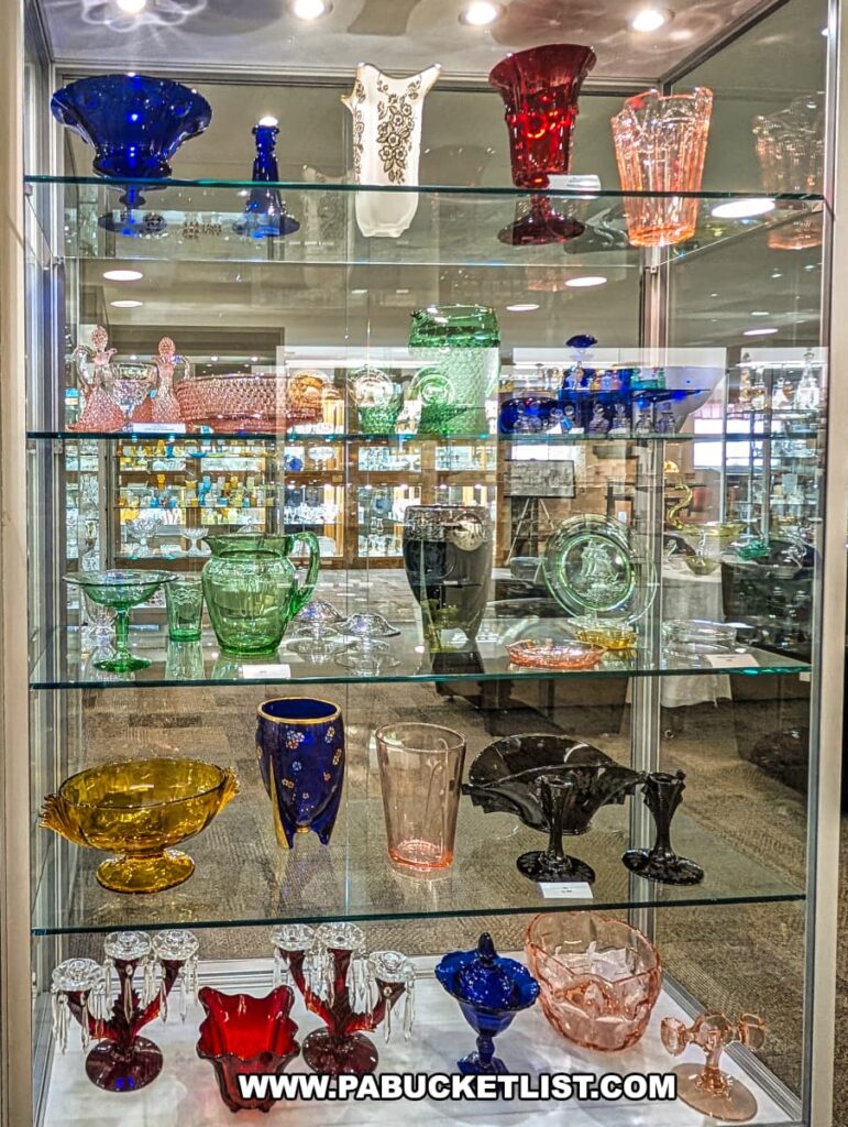 Display case at the Duncan and Miller Glass Museum in Washington, PA filled with vibrant colored glass pieces including vases, bowls, and decorative items showcasing the artistry and craftsmanship of the historic glass company.