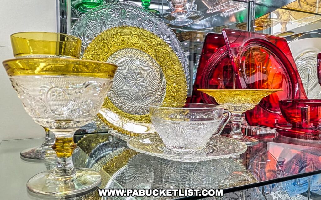 Close-up view of decorative glass dishware at the Duncan and Miller Glass Museum in Washington, PA, featuring intricately patterned plates, cups, and bowls in vibrant shades of gold, red, and clear glass.