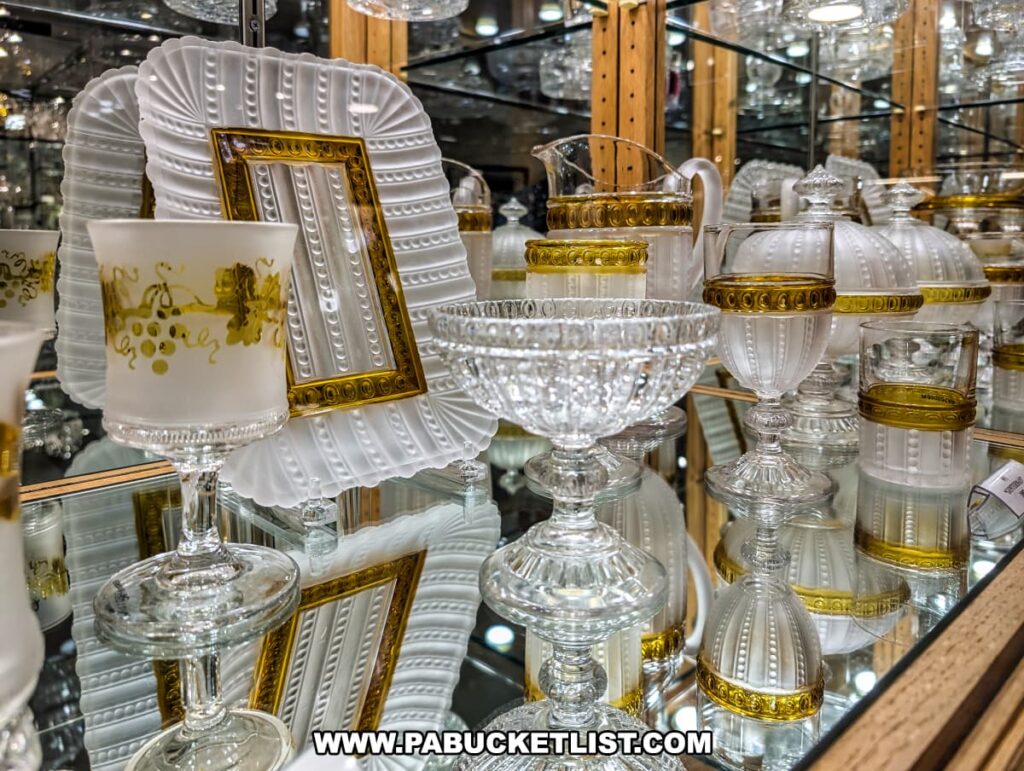 Display of elegant decorative glassware at the Duncan and Miller Glass Museum in Washington, PA, featuring white and gold-trimmed pitchers, plates, goblets, and bowls with intricate patterns and vintage craftsmanship.