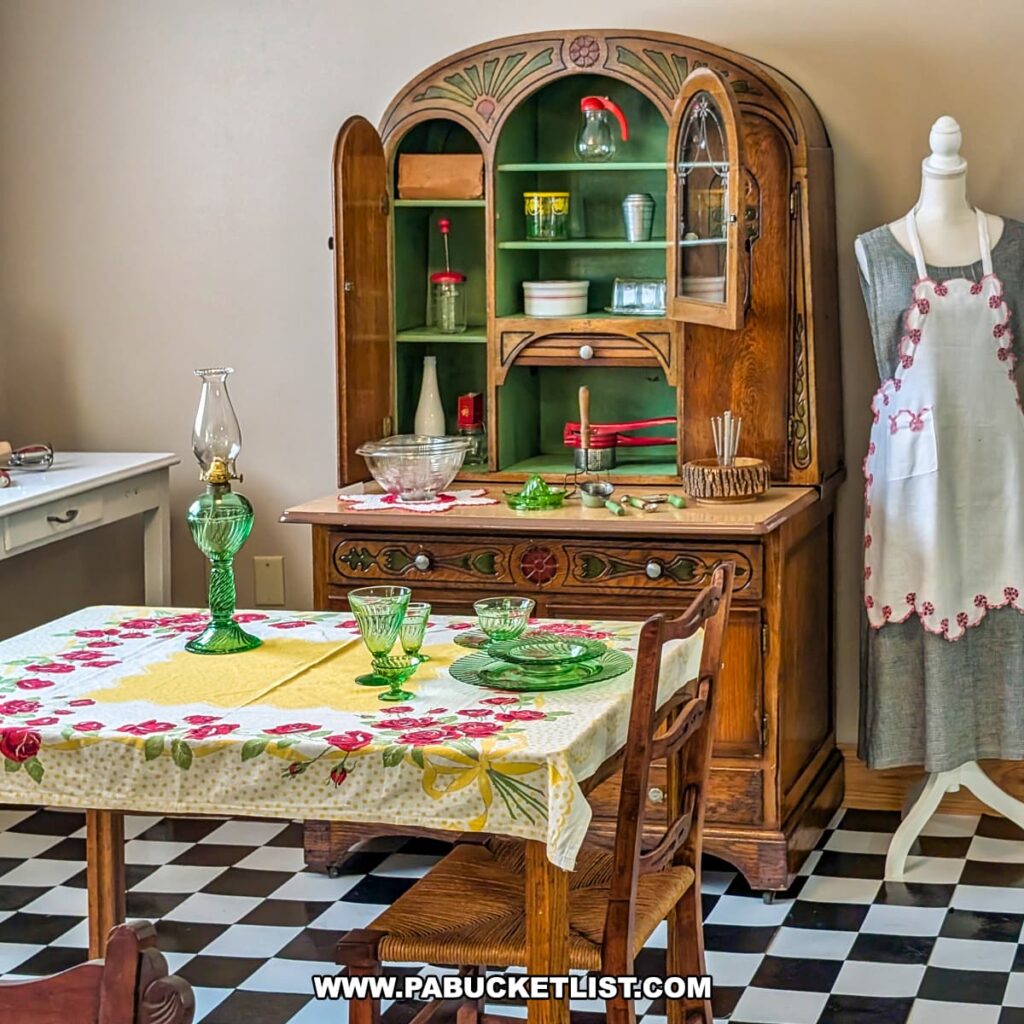 Diorama at the Duncan and Miller Glass Museum in Washington, PA depicting a vintage kitchen scene with a wooden hutch, checkered floor, mannequin in an apron, and a table set with green Duncan and Miller glassware and an oil lamp.