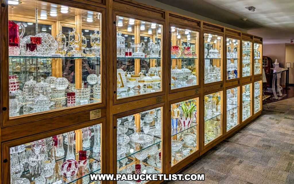 Illuminated display cases at the Duncan and Miller Glass Museum in Washington, PA showcasing an extensive collection of intricately crafted glassware, including vases, pitchers, bowls, and decorative pieces in clear and colored designs.