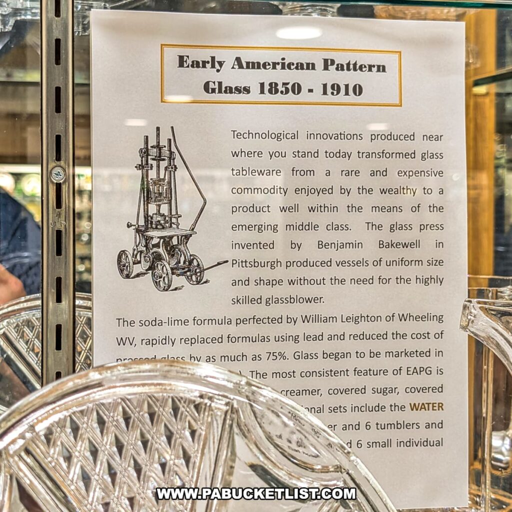 Informational display at the Duncan and Miller Glass Museum in Washington, PA describing Early American Pattern Glass from 1850-1910, highlighting technological innovations such as the glass press and soda-lime formula that made glassware more affordable and accessible to the middle class.