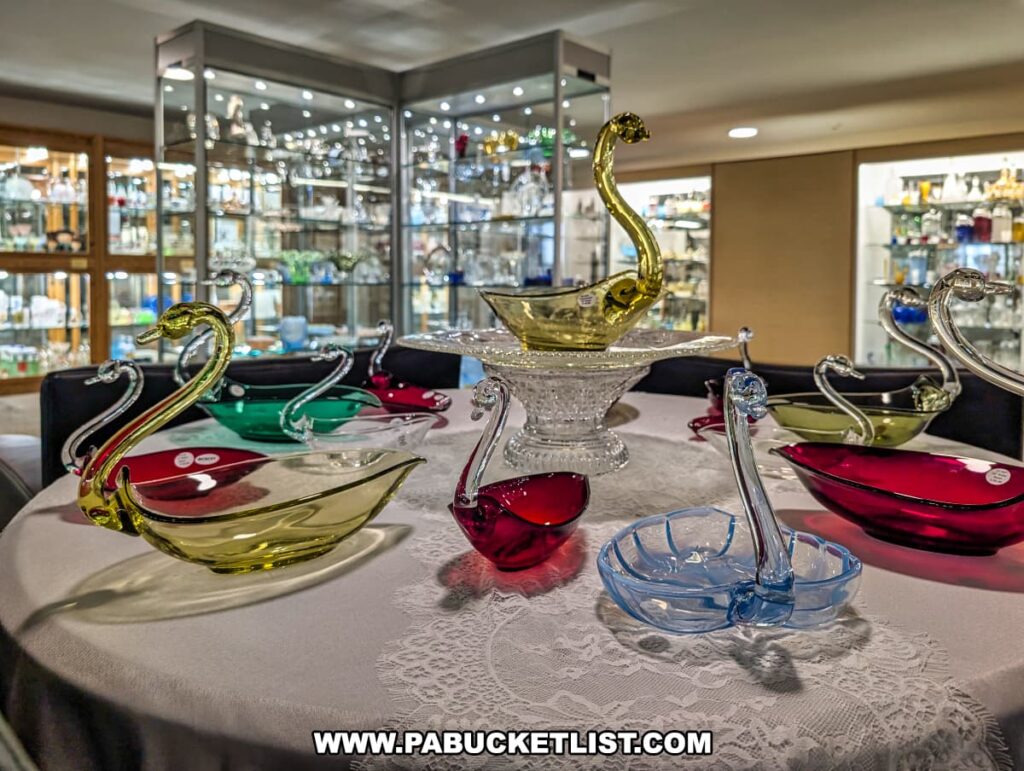 Table display at the Duncan and Miller Glass Museum in Washington, PA featuring colorful glass swan bowls in shades of yellow, red, green, and blue, surrounded by cases filled with additional glassware in the background.