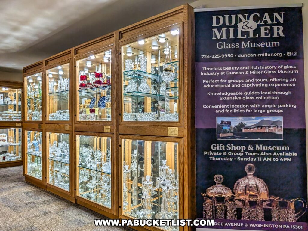 Glass display cases filled with intricately crafted pieces at the Duncan and Miller Glass Museum in Washington, PA, alongside a banner highlighting the museum’s history, guided tours, and visitor information.