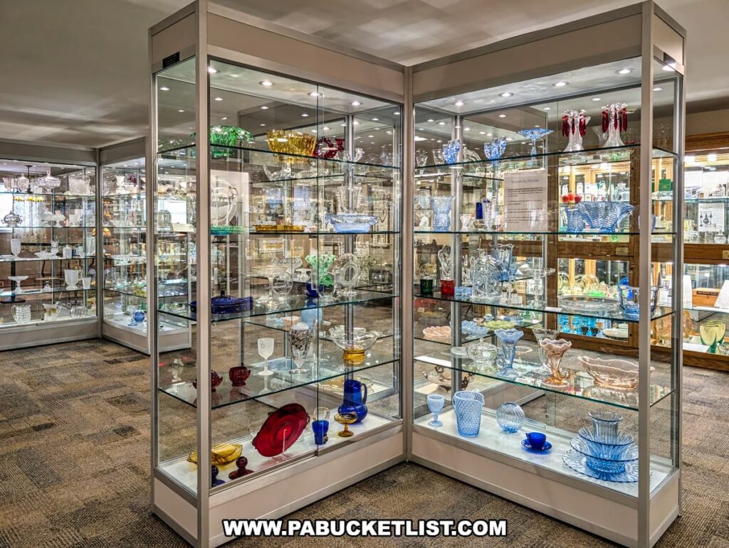 Glass display cases at the Duncan and Miller Glass Museum in Washington, PA filled with colorful vases, bowls, and decorative glassware showcasing the artistry and craftsmanship of the historic glass company.