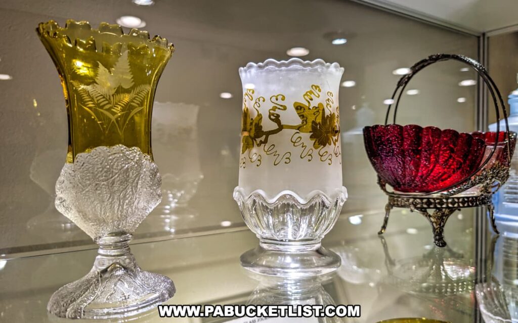 Close-up view of vintage glass pieces at the Duncan and Miller Glass Museum in Washington, PA, including a yellow etched vase, a white frosted vase with gold floral design, and a deep red patterned bowl with a decorative metal handle.