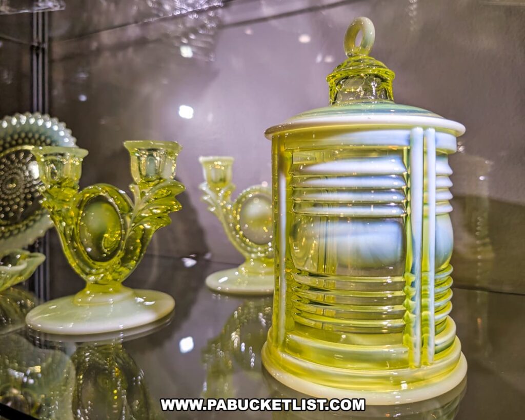 Display of vintage vaseline glass at the Duncan and Miller Glass Museum in Washington, PA, featuring a lidded jar and matching candlesticks with a distinctive yellow-green glow and intricate detailing.