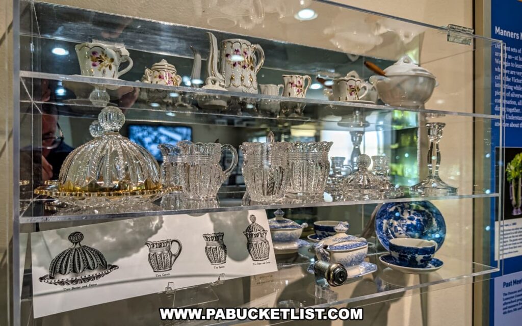 Display of vintage tableware at the Duncan and Miller Glass Museum in Washington, PA, featuring clear patterned glass creamers, sugar bowls, butter dishes, candlesticks, and porcelain teapots with floral designs.