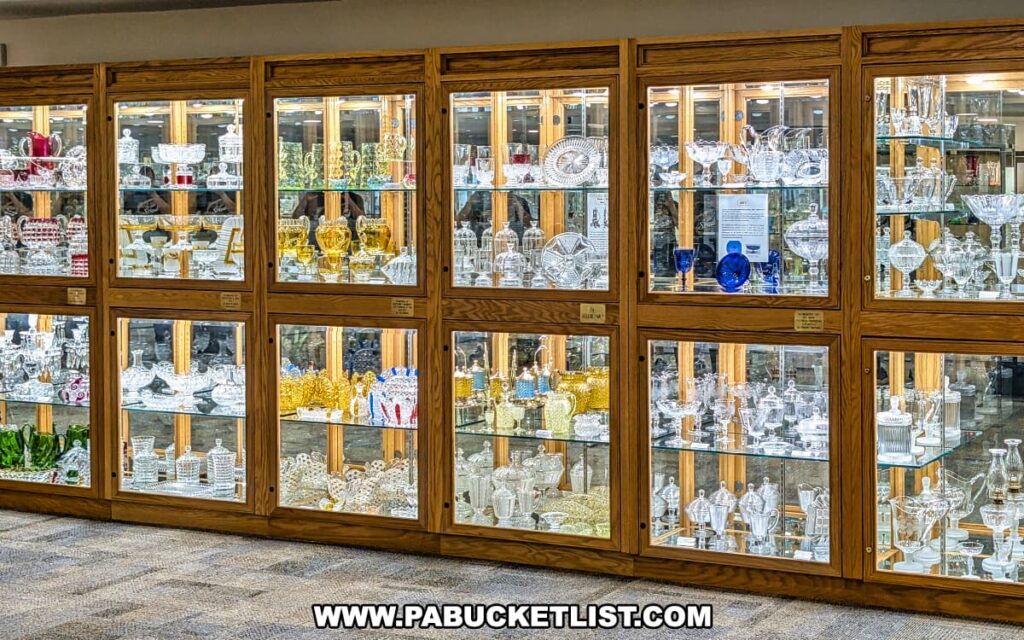 Wall of illuminated display cases at the Duncan and Miller Glass Museum in Washington, PA showcasing an extensive collection of clear and colored glassware, including vases, bowls, pitchers, and decorative pieces highlighting the artistry of the historic glass company.