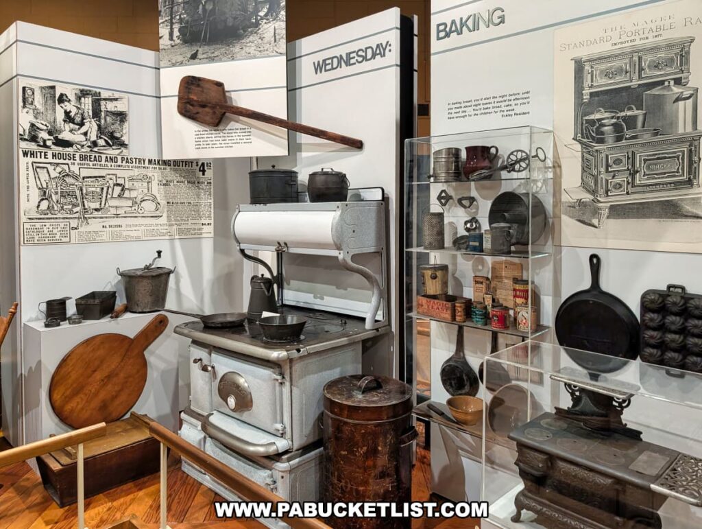 Exhibit at Eckley Miners’ Village in Luzerne County, Pennsylvania, showcasing 19th and early 20th-century baking tools, cookware, advertisements, and a cast-iron stove used by coal miners’ families for Wednesday baking day traditions.