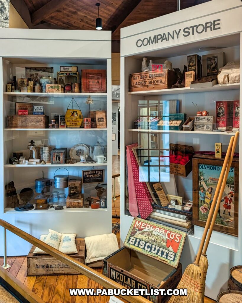 Company store exhibit at Eckley Miners’ Village in Luzerne County, Pennsylvania, featuring shelves filled with vintage household goods, food tins, shoes, fabric, advertisements, and everyday items that reflect what miners and their families would have purchased in the 19th-century coal patch town.