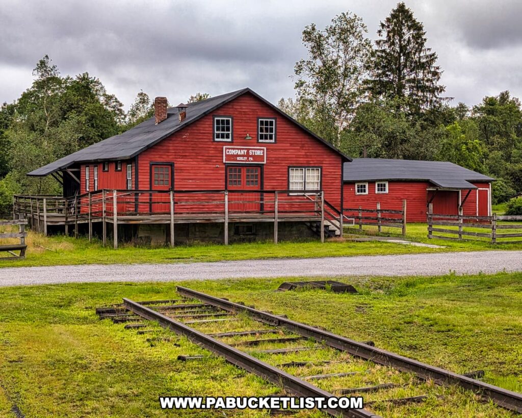 Historic red wooden company store at Eckley Miners’ Village in Luzerne County, Pennsylvania, with a wraparound porch, fenced yard, and railroad tracks in the foreground, representing the central hub of commerce in the 19th-century coal mining patch town.