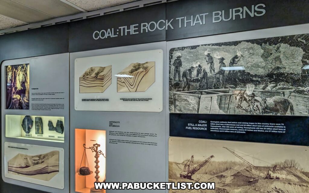 Exhibit at Eckley Miners’ Village in Luzerne County, Pennsylvania, titled “Coal: The Rock That Burns,” featuring geological diagrams, mining illustrations, coal samples, and interpretive panels explaining the formation, history, and significance of anthracite coal in the region.