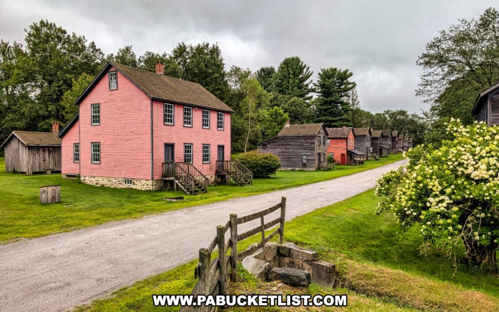 Row of preserved 19th-century miners’ houses at Eckley Miners’ Village in Luzerne County, Pennsylvania, with a pink wooden home in the foreground and additional gray and red dwellings lining a gravel road, illustrating life in the historic coal mining patch town.