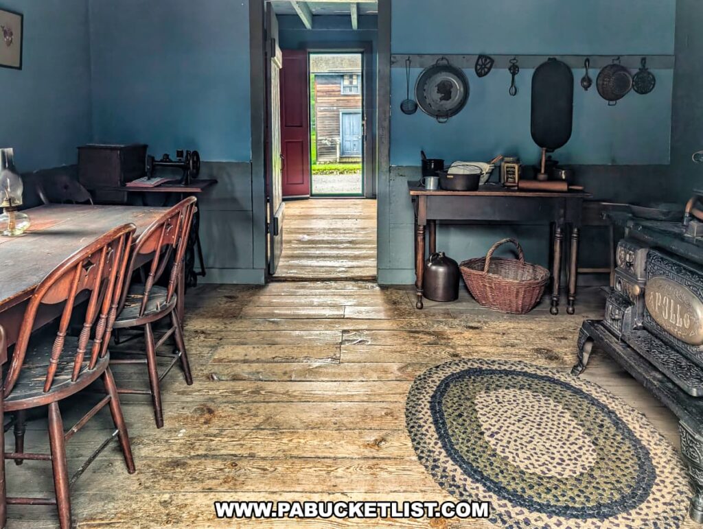 Recreated 19th-century miner’s kitchen at Eckley Miners’ Village in Luzerne County, Pennsylvania, featuring a cast iron stove, wooden table with chairs, hanging cookware, and rustic furnishings that reflect daily life in the historic coal mining patch town.