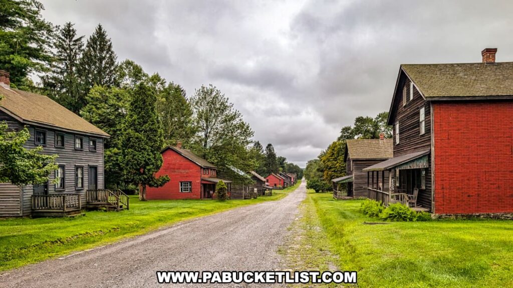 View of the main street at Eckley Miners’ Village in Luzerne County, Pennsylvania, lined with preserved 19th-century miners’ houses in shades of red and gray, showcasing the historic coal mining patch town where families once lived and worked.