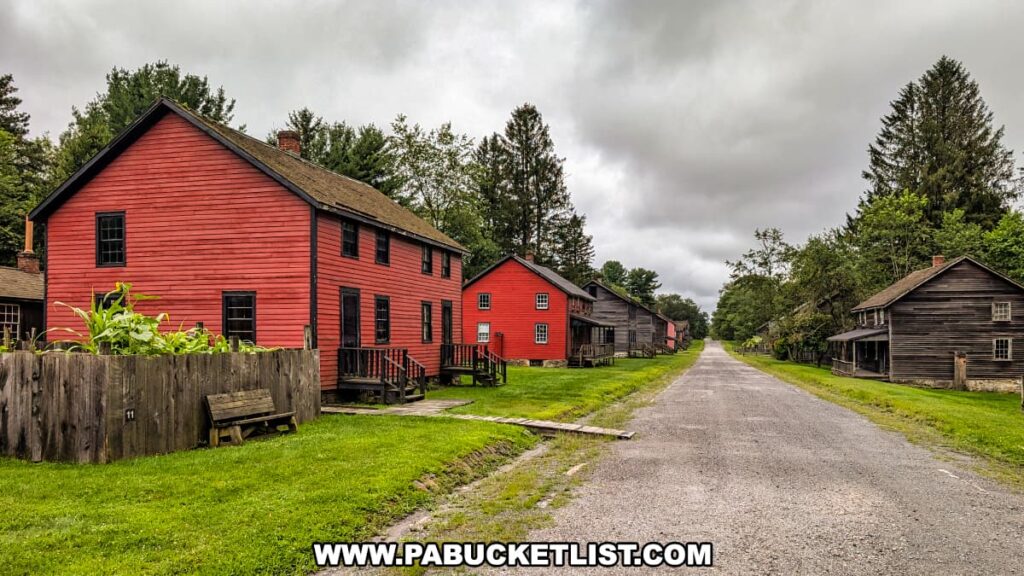 Row of preserved 19th-century miners’ homes at Eckley Miners’ Village in Luzerne County, Pennsylvania, lining a quiet street that reflects life in a historic coal company town.